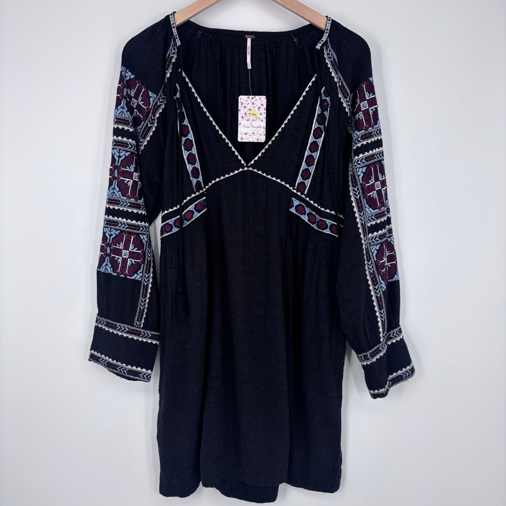 Free People‎ All My Life Mini Dress Womens M Black Embroidered Boho Peasant NEW